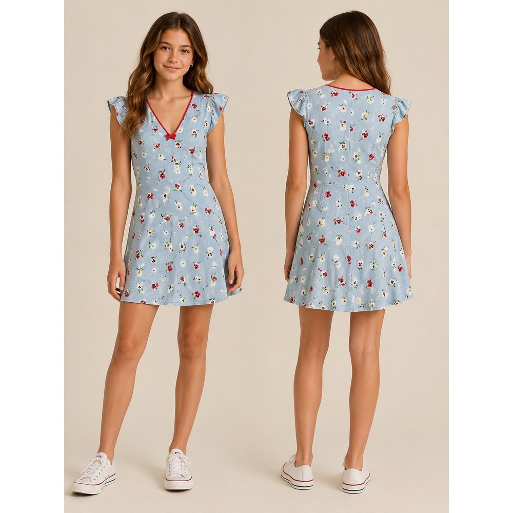 Gap x Doen Dress Kids Large Dublin Blue Floral Pansy Flutter Sleeve V-Neck